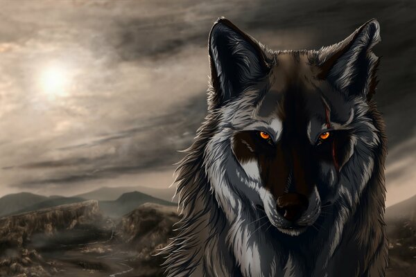 The look of a wolf in the twilight against the background of the Moon. Drawing