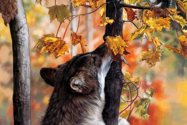 Bosque de otoño y buey junto al árbol