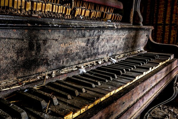 Pianoforte abbandonato tutto nella polvere, lanugine