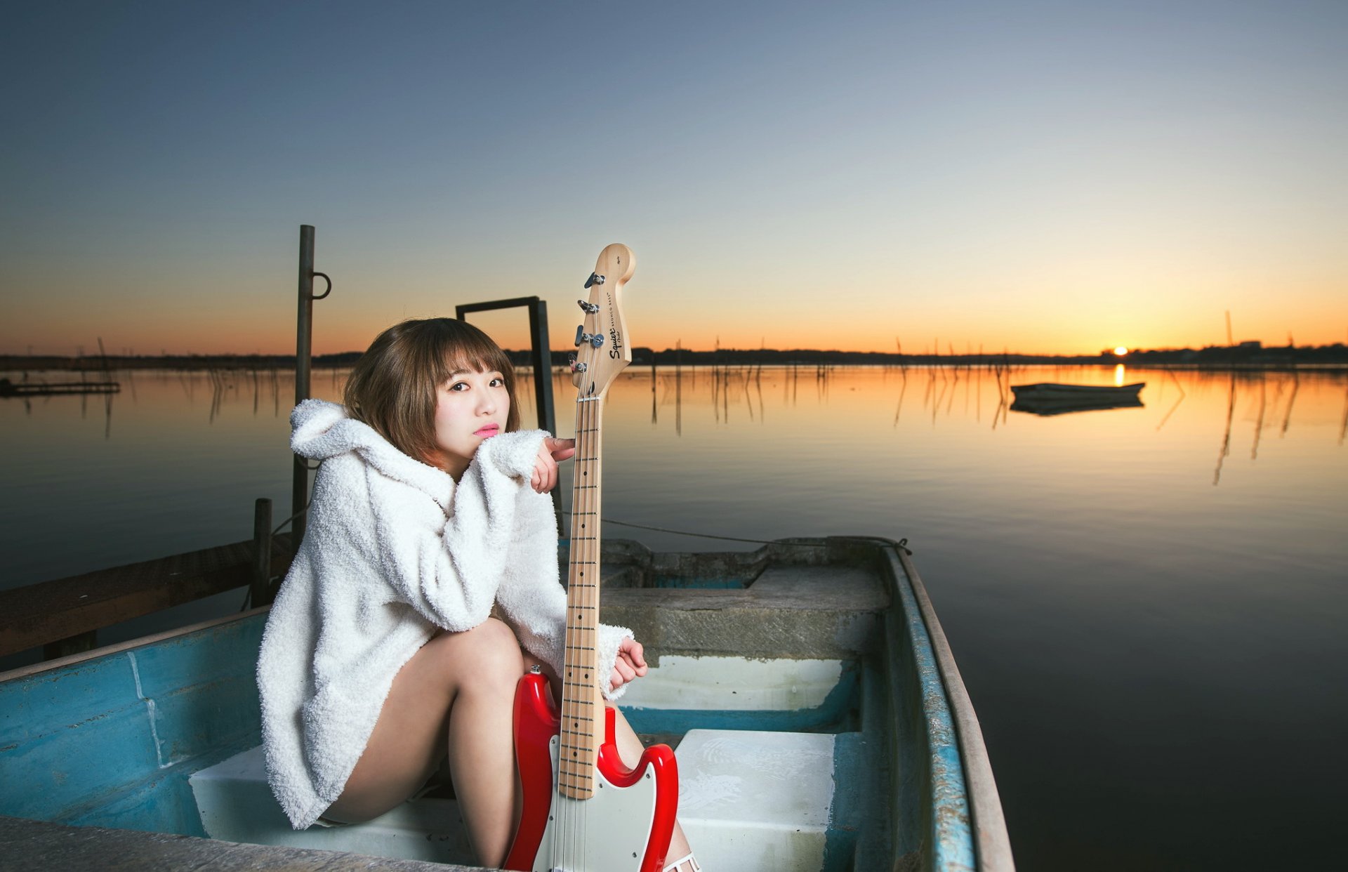 girl guitars music boat sunset