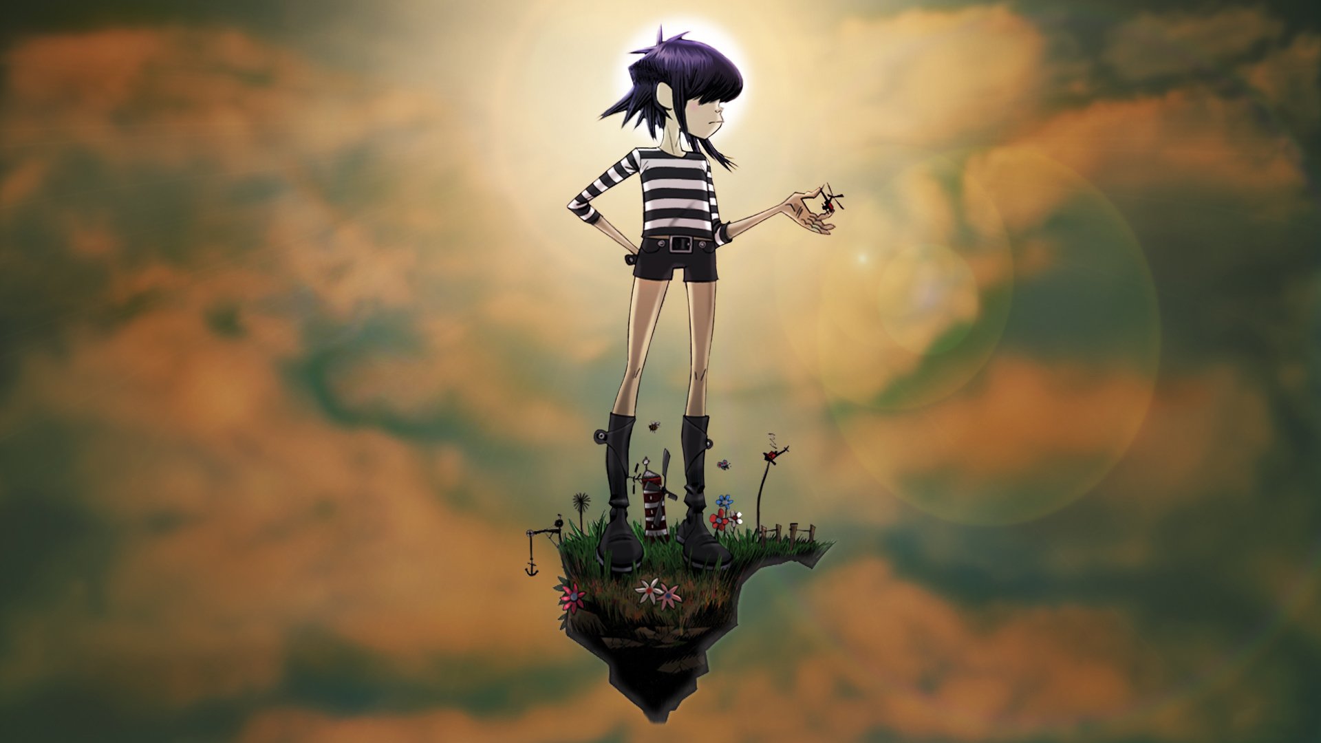 gorillaz kerl schweben insel weste shorts anker himmel gras windmühle