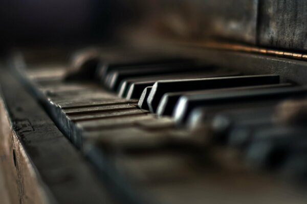 Teclas de piano en la oscuridad, fotografía macro