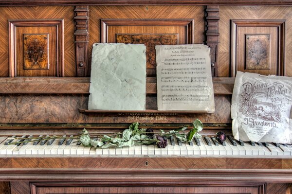 Antique piano with sheets and sheet music