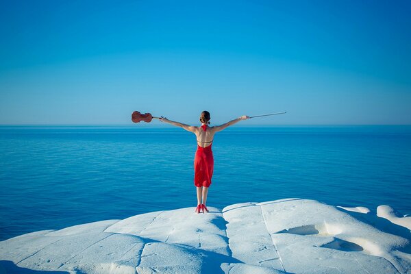 A girl in a red dress with a violin on the background of the sea