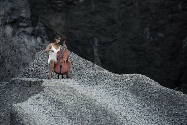 Gioco della ragazza sul violoncello in montagna