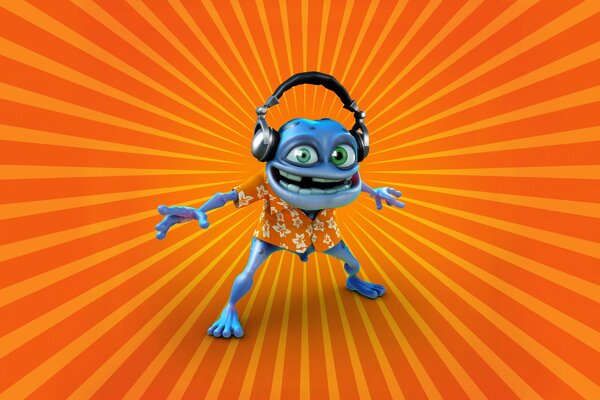 A frog with headphones on a crazy background