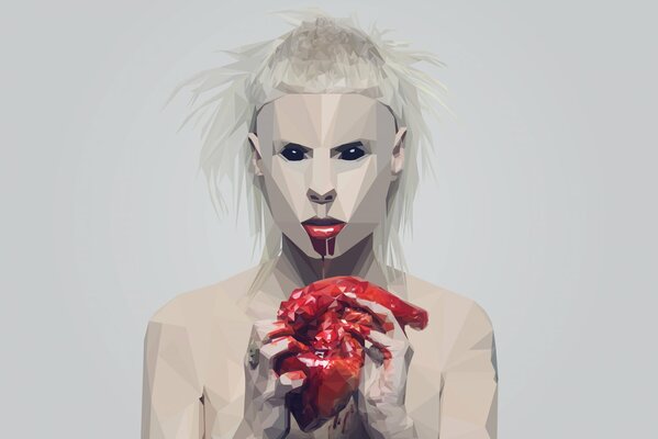 Une blonde stylisée dessinée à la main mange un cœur sanglant