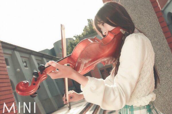 A girl with long hair plays the violin