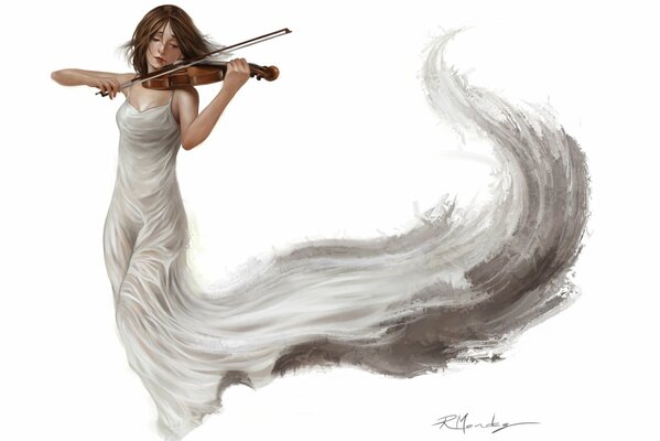 Девушка играет на скрипке в белом платье