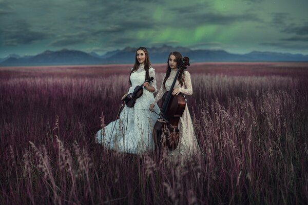 Две девушки в поле играют на скрипке