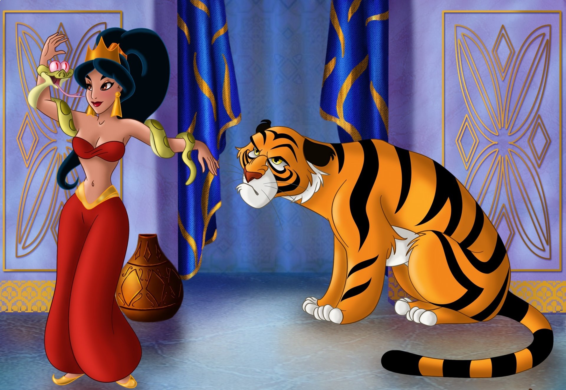 aladdin nuevo amigo de jasmine walt disney fanart película película de animación cuento de hadas princesa jazmín tigre raja dibujos animados este bagdad belleza balcón serpiente