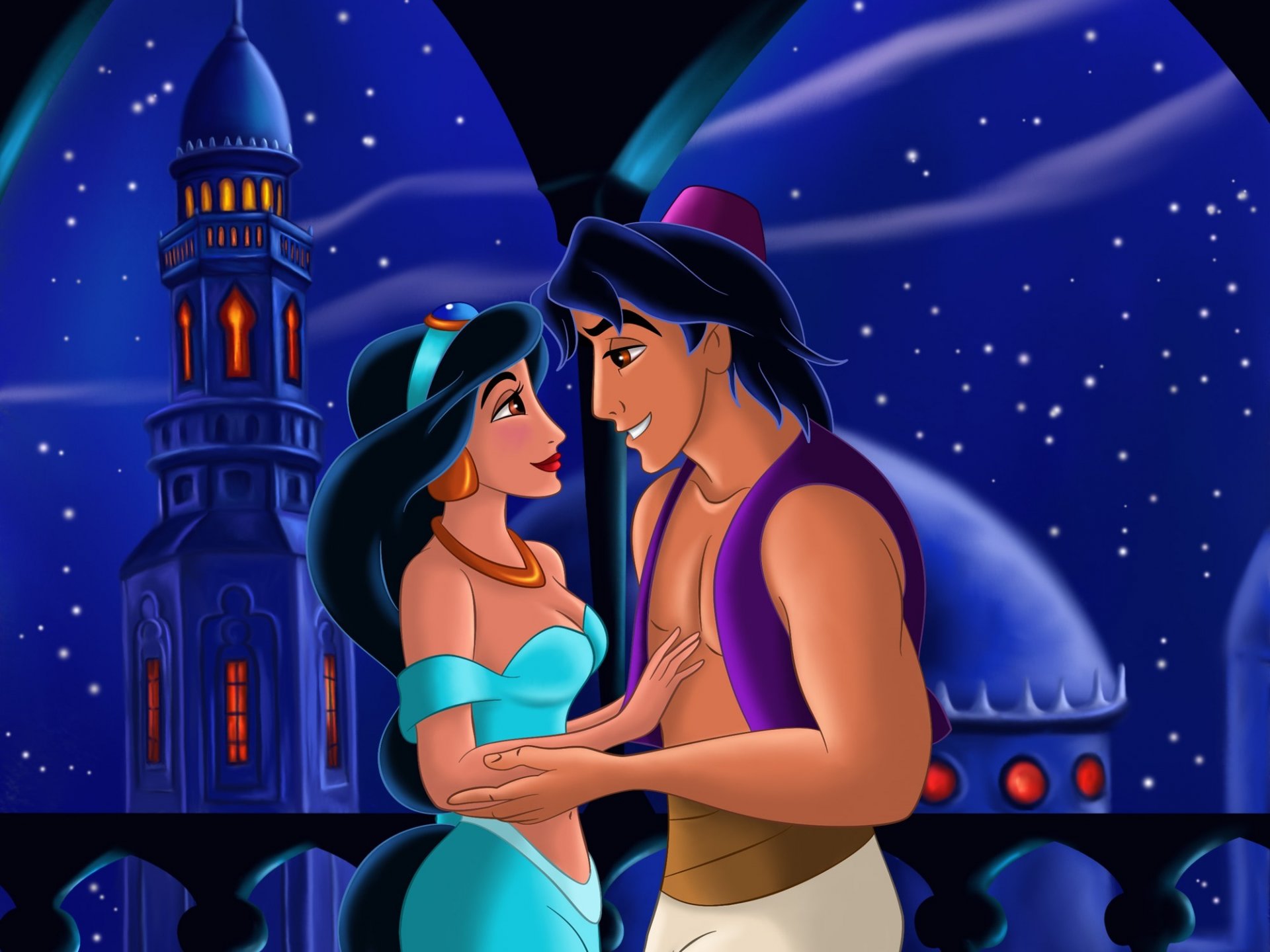 aladdin together forever walt disney fanart movie animated film arabian night fairytale love story princess jasmine cartoon east baghdad tale love balcony minaret arch window