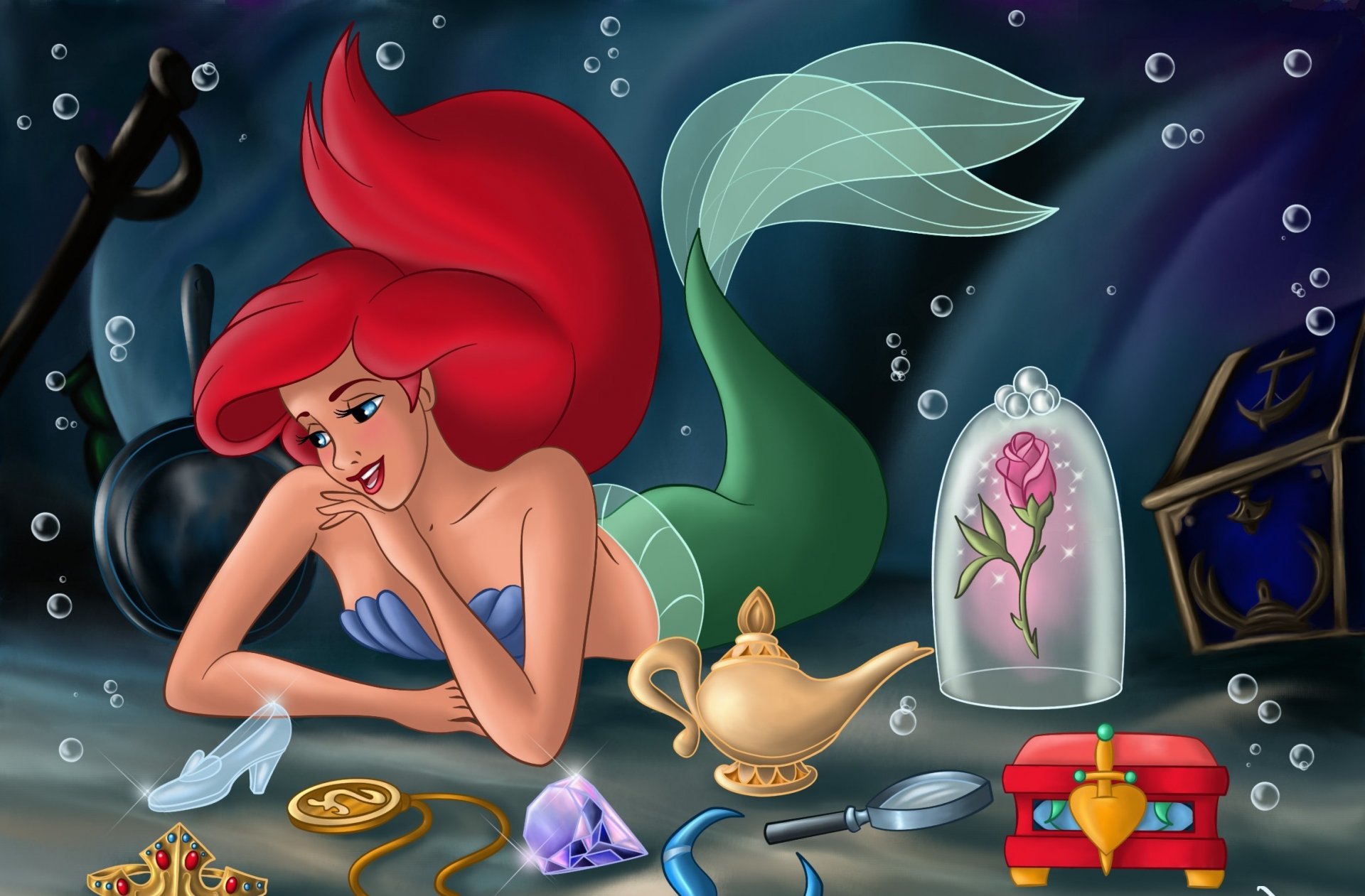 the little mermaid ariel s treasures fanart animated film walt disney princess ariel fairy tale sea castle flowers fantasy world little mermaid cartoon mermaid underwater world chest treasures shpa