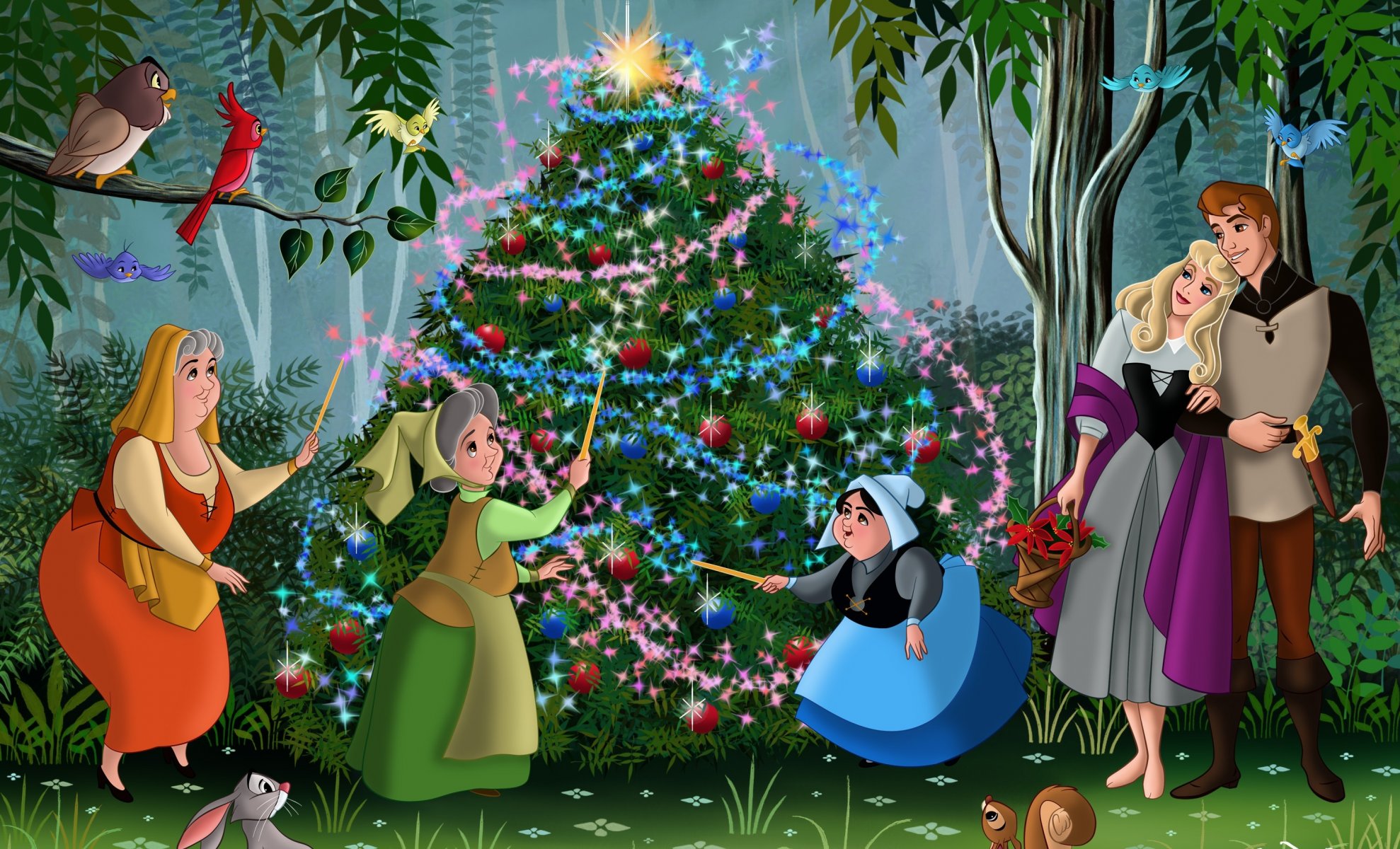 leeping beauty walt disney christmas christmas tree fanart movie animated film fairytale princess aurora phillip forest flowers fairies friends birds cartoon tale new year rose at