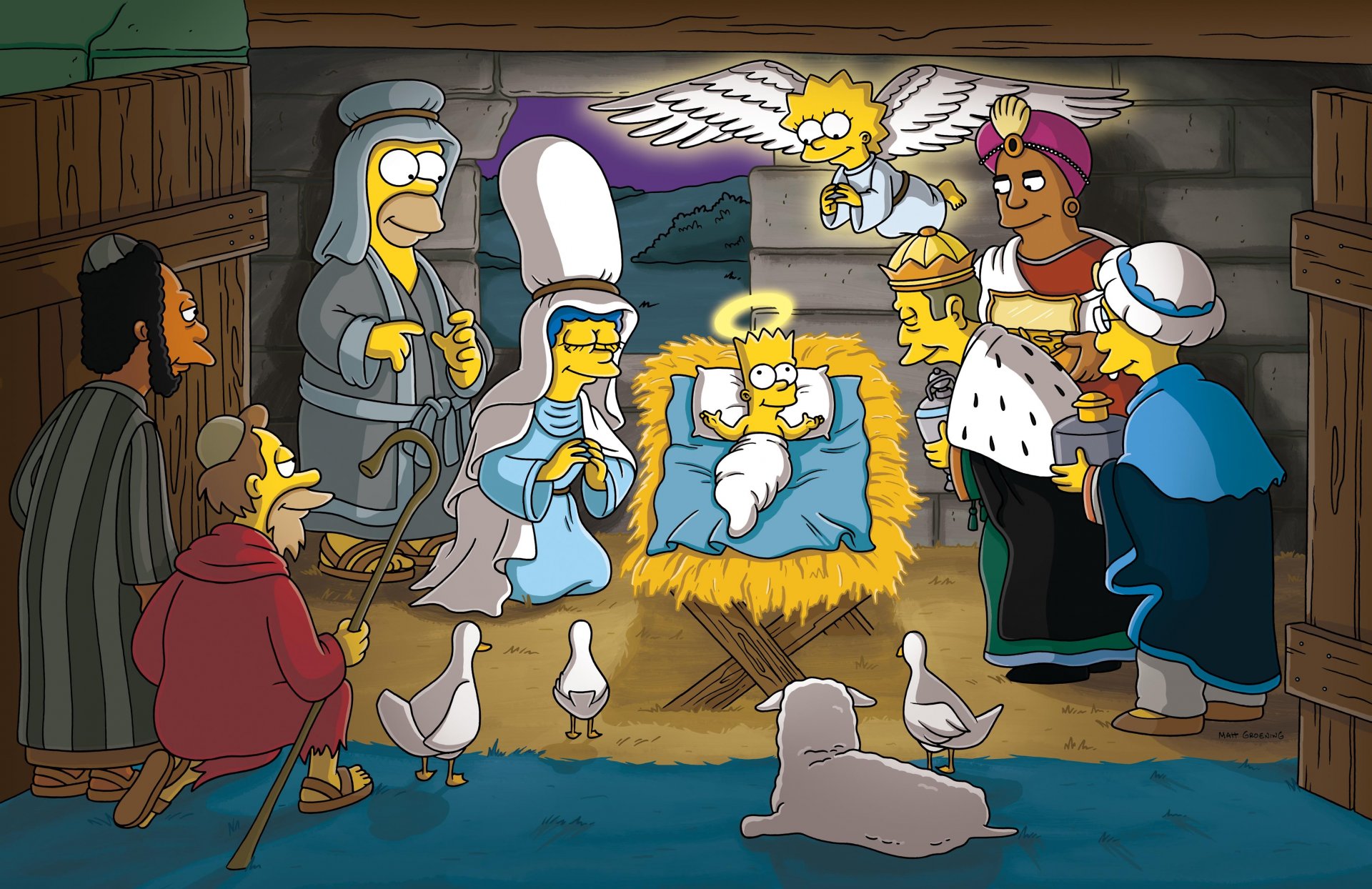 i simpson natale bart lisa homer marge lenny carl direttore skinner dr. hilbert professore