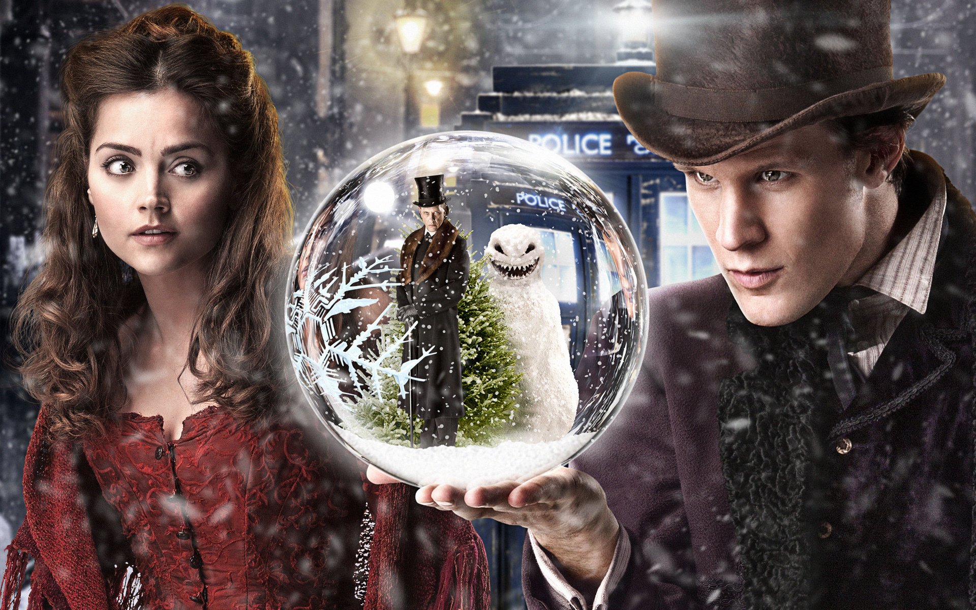 doctor who bola nieve calle hombre muñeco de nieve árbol de navidad chica sombrero cabina matt smith linternas jenna-louise coleman