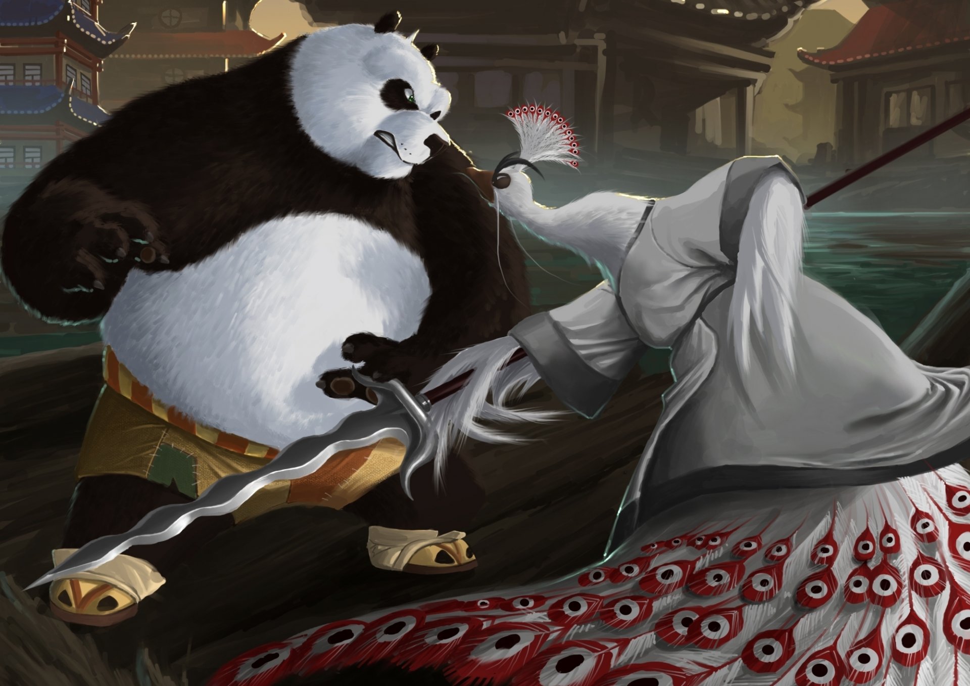 kunst karuma9 kung fu panda ro herr shen panda pfau vogel asien wut speer waffe