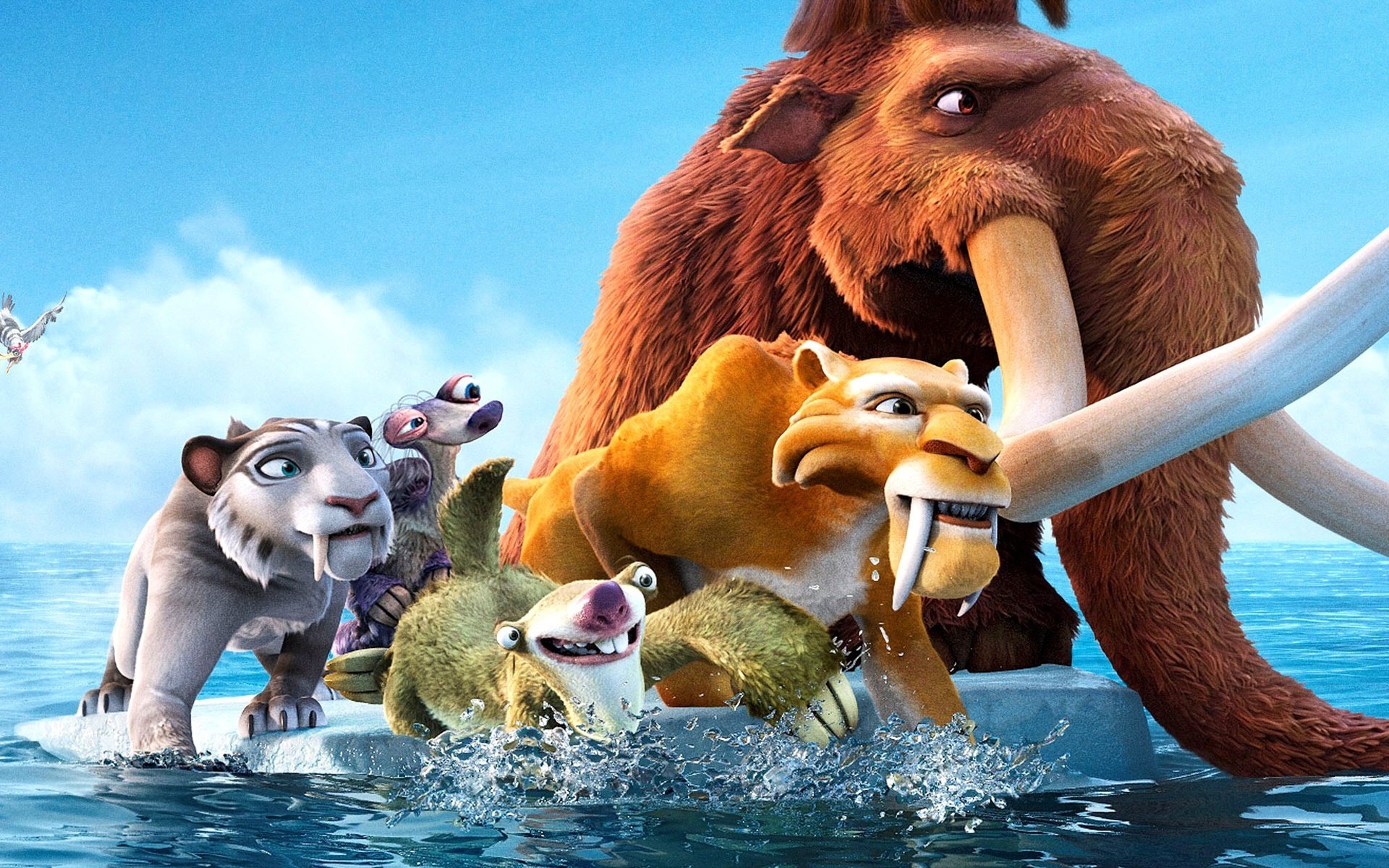 movies cartoon cartoon ice age 4 mammoth mani tiger sid grandma who pisses me off =d kitty tigress pirates ice age sea river ocean water wave glacier ice sky clouds trunk fang