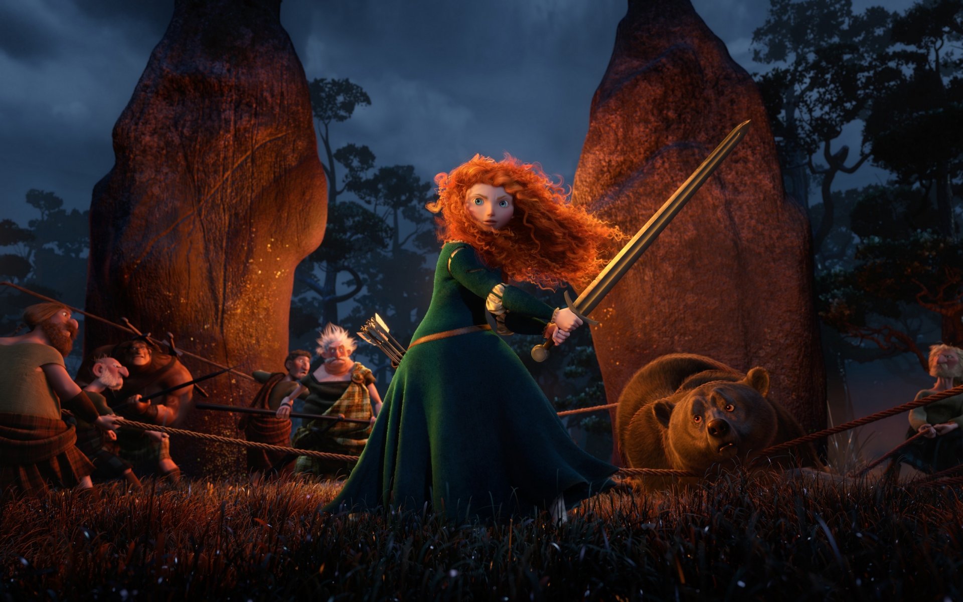 film disney pixar schottland prinzessin bogenschütze merida rotes haar bär braves herz cartoon pixar rotes mädchen bogenschütze krieger schotten dolmen