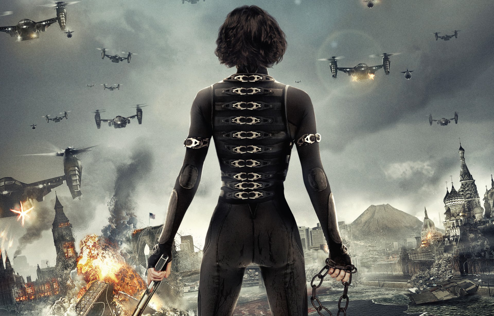 la demeure du mal rétribution milla jovovich .milla jovovich alice hélicoptères apocalypse explosion kremlin