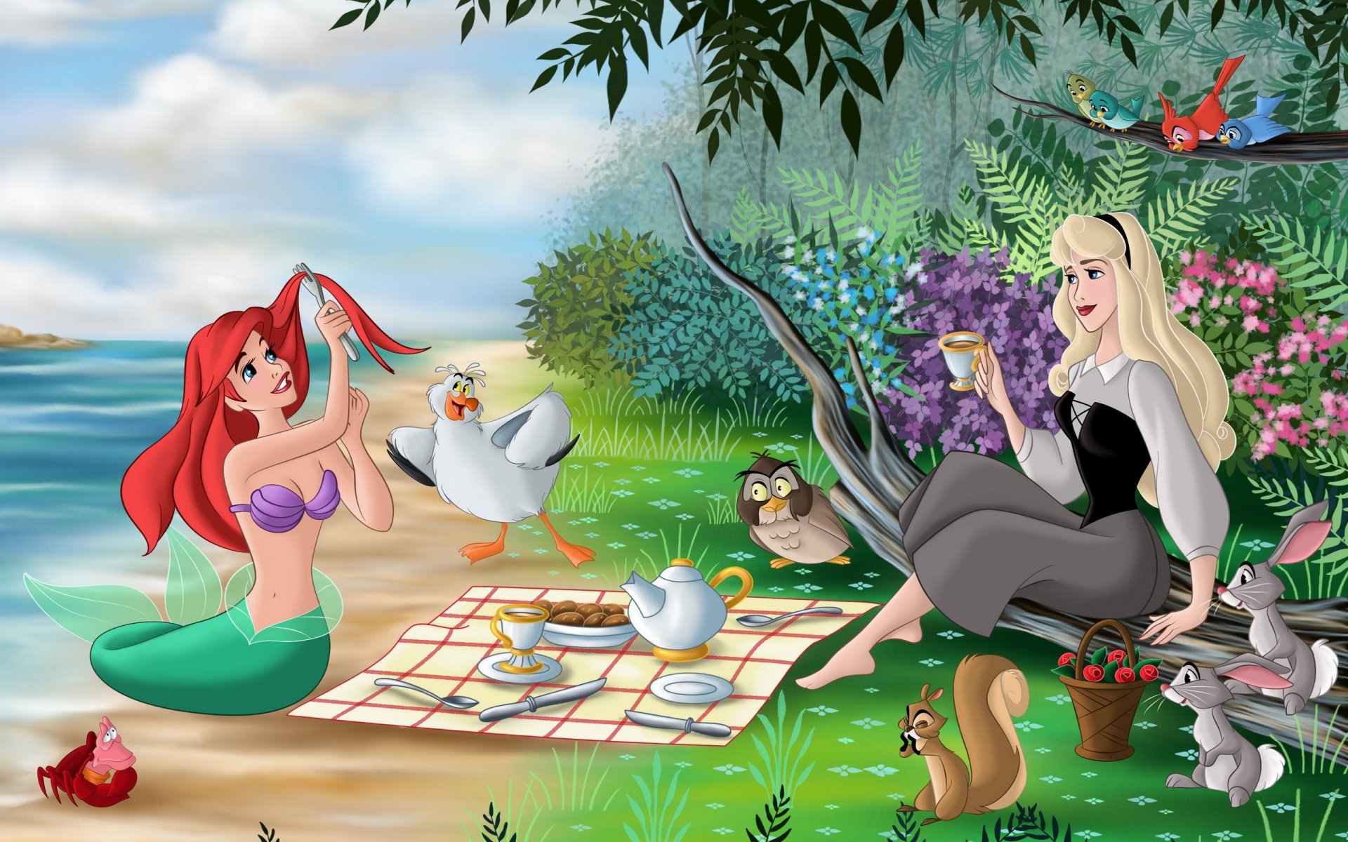 la sirenita bella durmiente fanart cine película de animación walt disney princesa ariel aurora cuento de hadas 5:00 pájaros mar costa árboles flores la sirenita dibujos animados sirena aurora