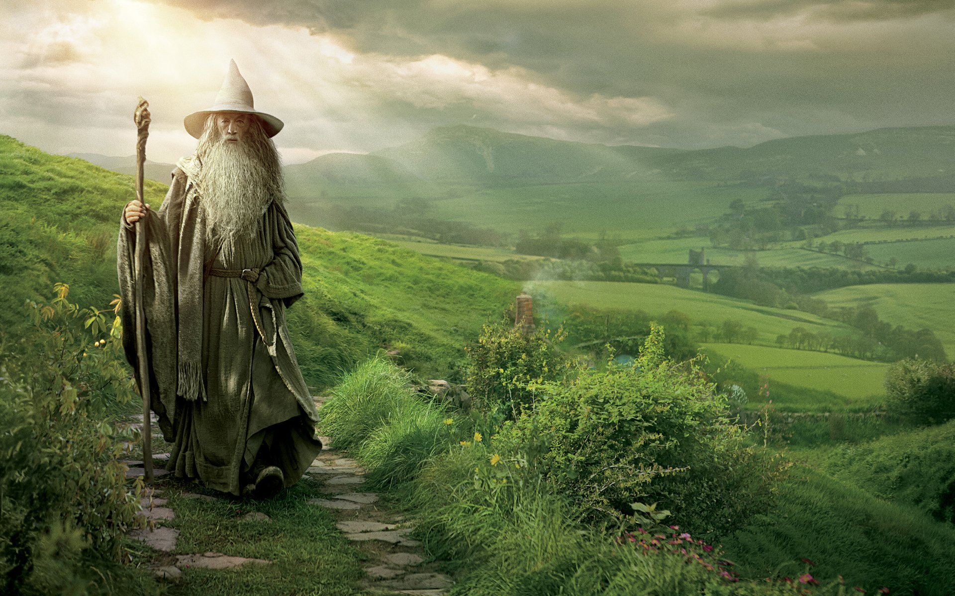 hobbit voyage inattendu hobbit voyage inattendu gandalf gris gandalf sentier herbe collines magicien seigneur des anneaux