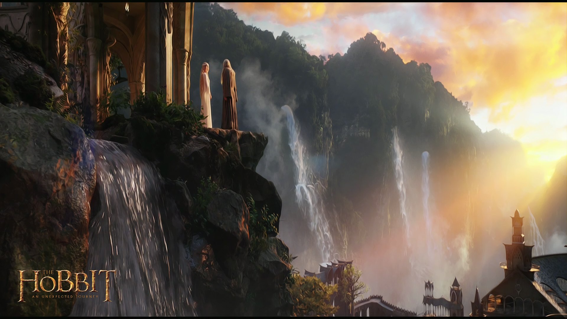 hobbit aller-retour voyage inattendu gandalf dame galadriel maître elfe château elfique rivendell coucher de soleil cascades aller-retour voyage inattendu galadriel magicien cascade forêt falaise