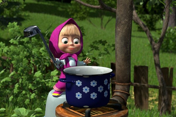 Masha with a ladle near a pot of porridge in the bear s garden