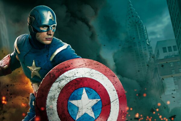 Captain America in a mask with a shield on the poster