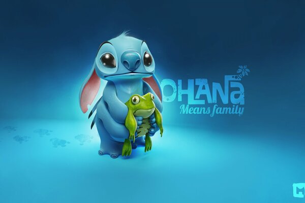 Stich avec une grenouille sur le fond de l inscription Ohana signifie famille 