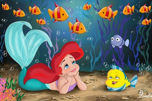 The little Mermaid Arier with a Flounder at the bottom of the sea