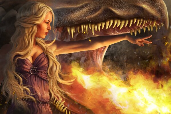 Девушка из игры престолов с драконом извергающем пламя