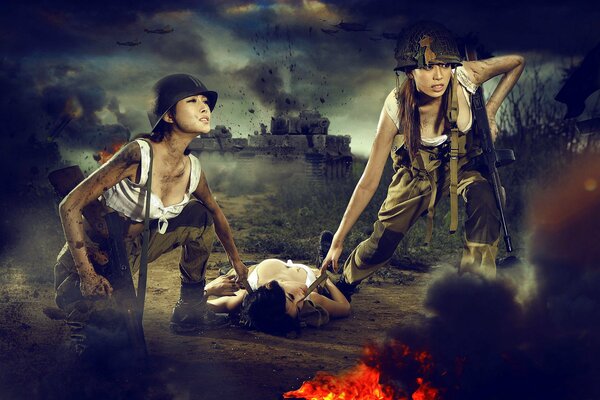 Three sexualized Asian women in military uniform