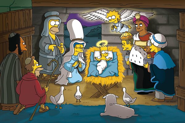 Navidad en los Simpson con Bart como un bebé y Lisa con alas sobre él