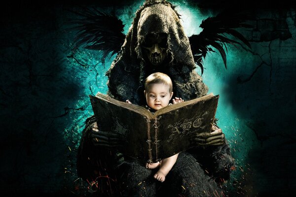 A demon holding a child and reading the alphabet of death