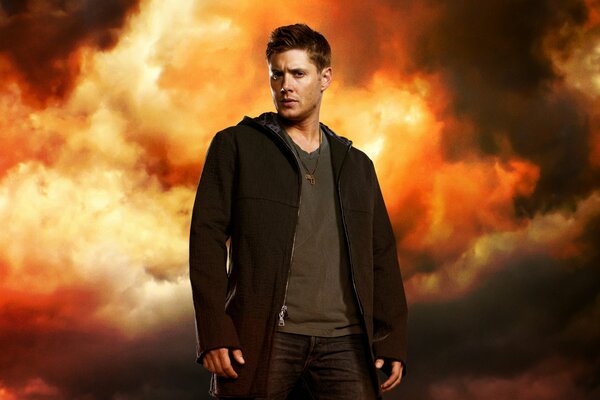 Dean Winchester on the background of smoke