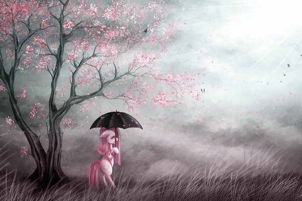Art pink little pony stands under a tree with an umbrella