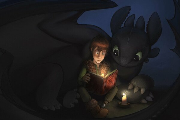 Hiccup from the cartoon How to Train a Dragon reads a book with toothless.