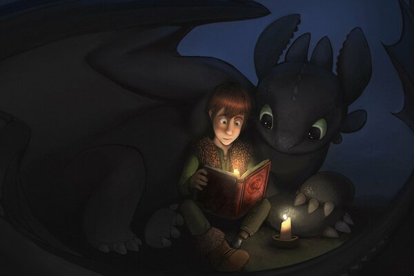 Hiccup dal cartone animato How To Train Your Dragon legge il libro insieme a sdentato.