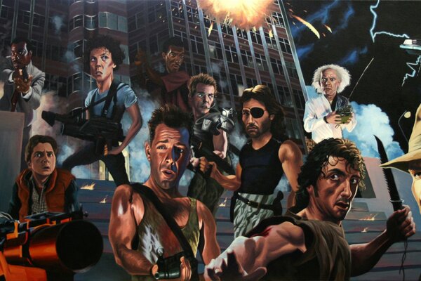 Heroes of American films of the 80s in one collage