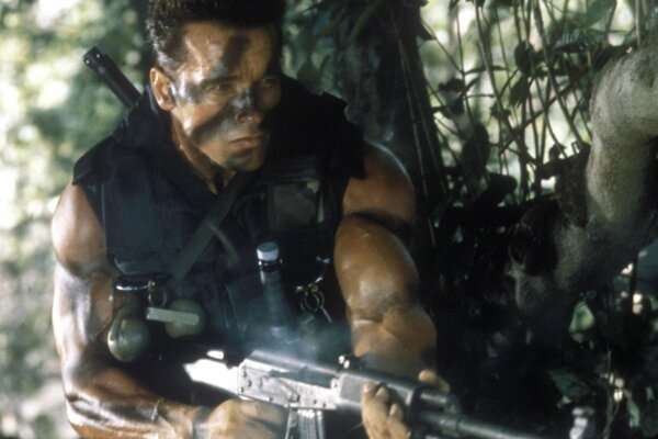 A shot from the movie commando with Arnold Schwarzenegger