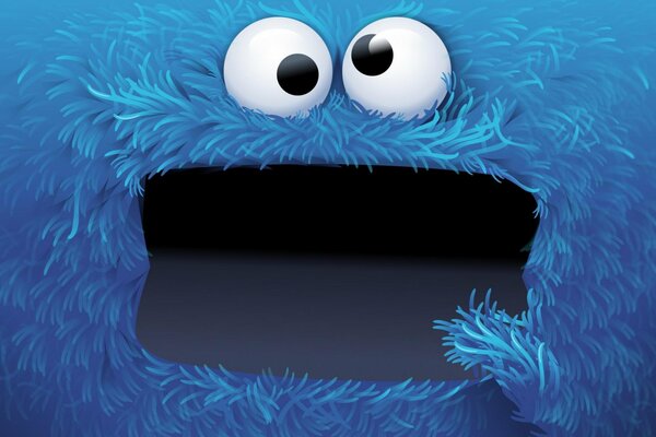 Überrascht von einem flauschigen blauen cookie-Monster mit offenem Mund