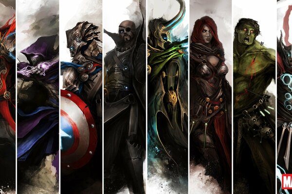 Vengadores: Iron Man, Thor, capitán América, viuda negra, Hulk, Hawkeye, Nick Fury, Loki