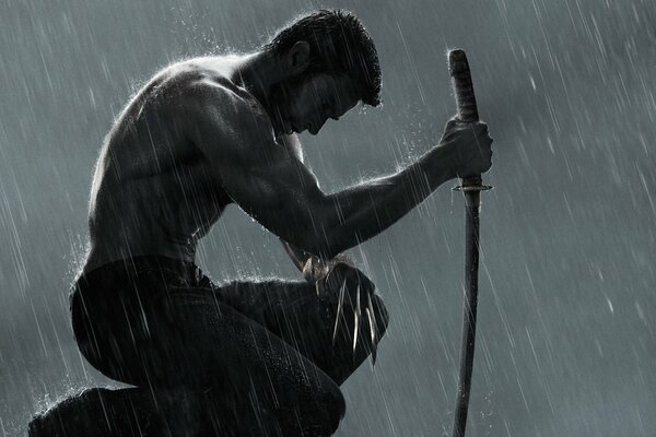 Wolverine with a sword in the rain