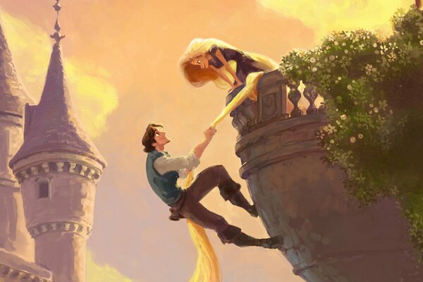 Rampunzel climbs onto the balcony to his beloved