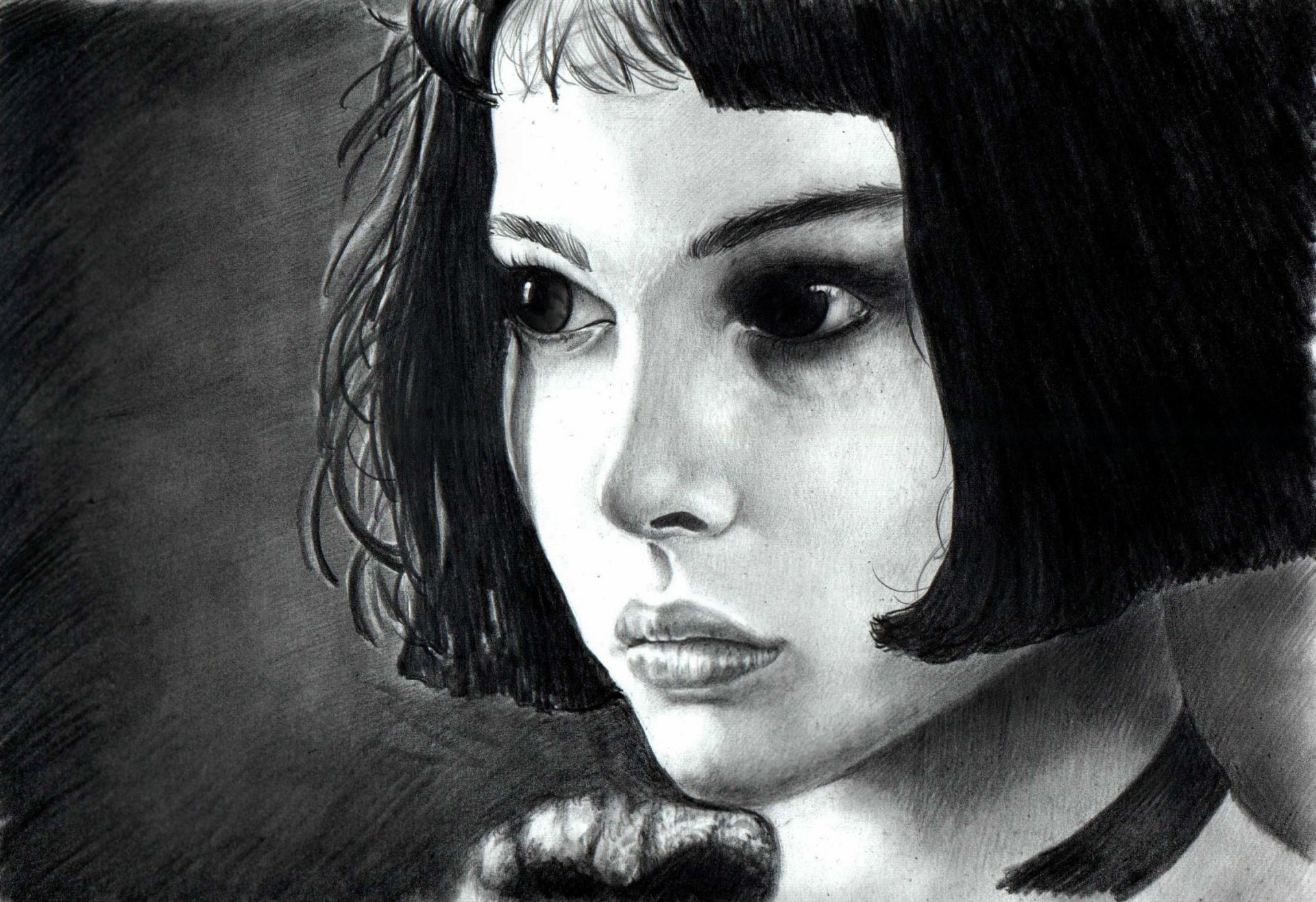 leon natalie portman dessin fille mathilde noir et blanc cheveux regard yeux actrice portrait