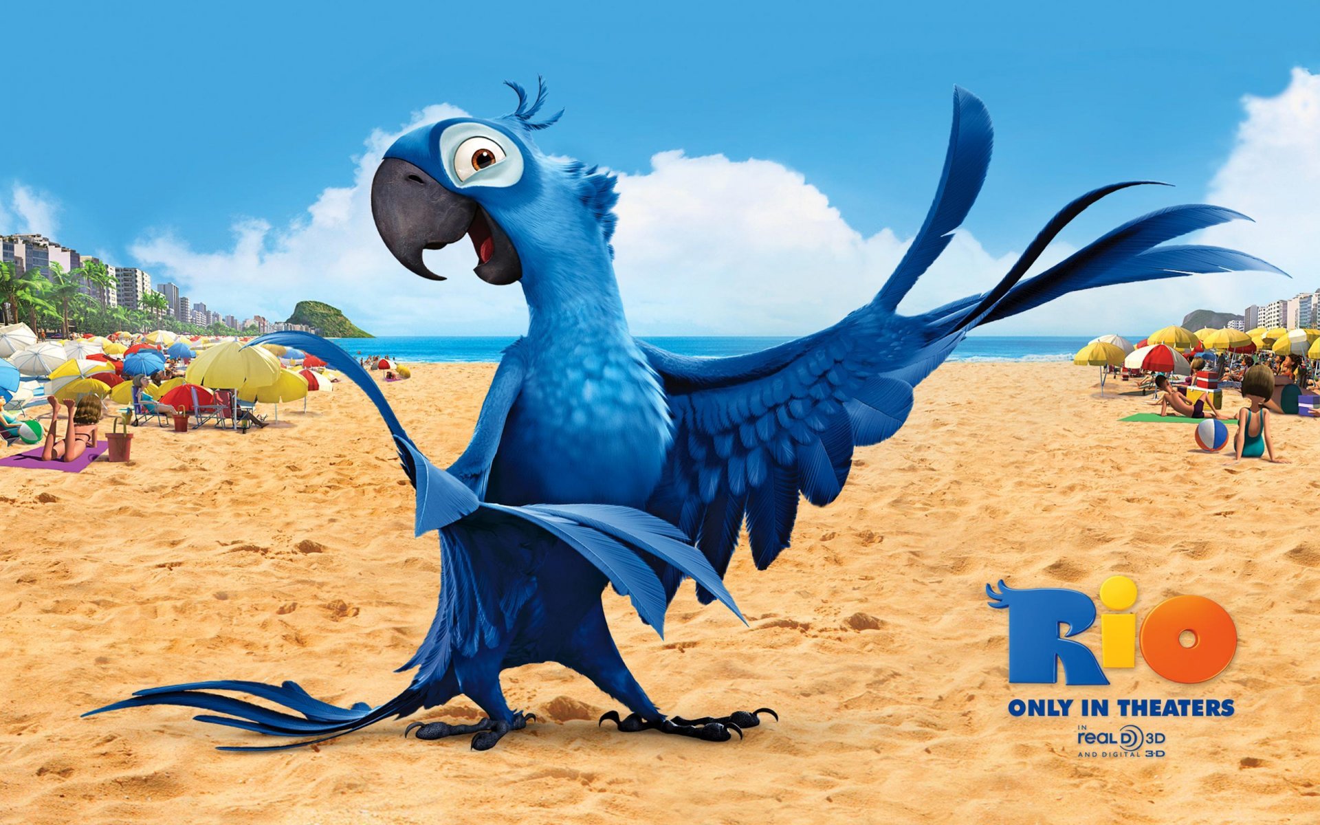 cartoon rio rio de janeiro vogel papagei ara blau blau federn flügel schnabel strand sand hell bunt