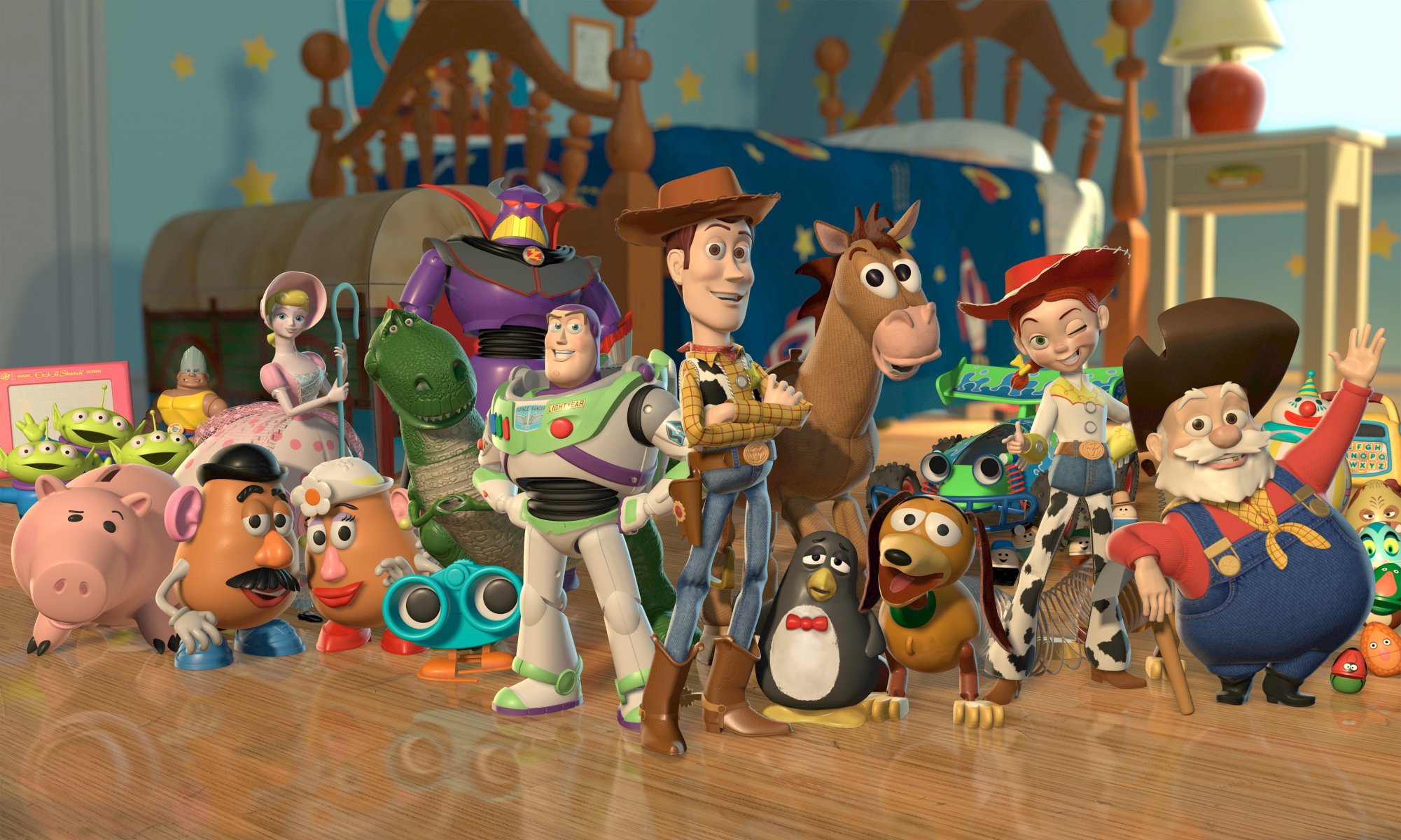 toy story toy story 2 hund feder spirale aliens pferd bulzai jessie woody cowboy kartoffelkopf dinosaurier rex buzz lightyear schwein sparschwein hamm