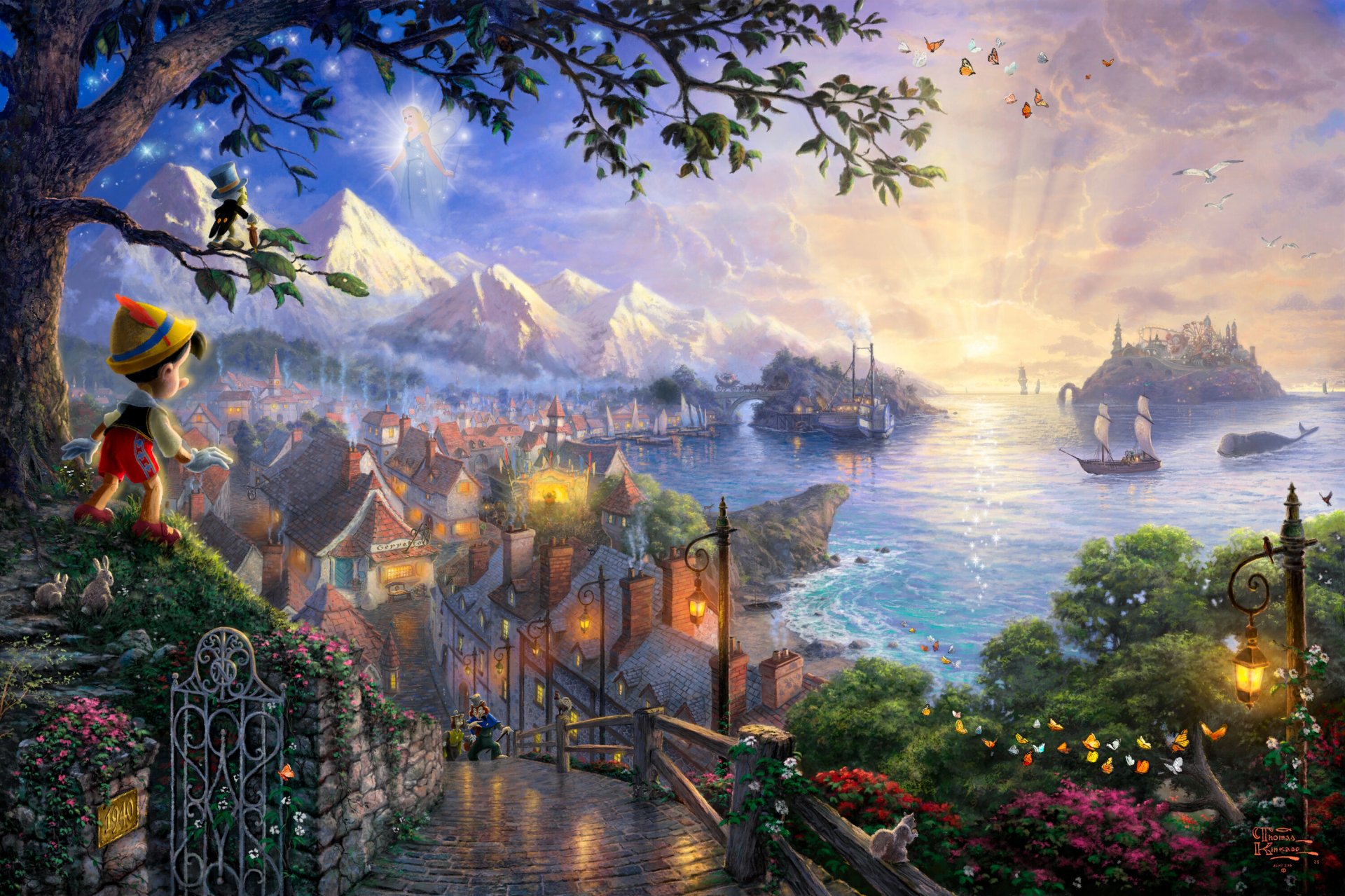 thomas kinkade pinocho quiere una estrella disney sueña colección 50 aniversario arte castillo sol puente linternas mar puesta de sol flores cuento de hadas fantasía pinocho hada de pelo azul grillo disney arte casas m