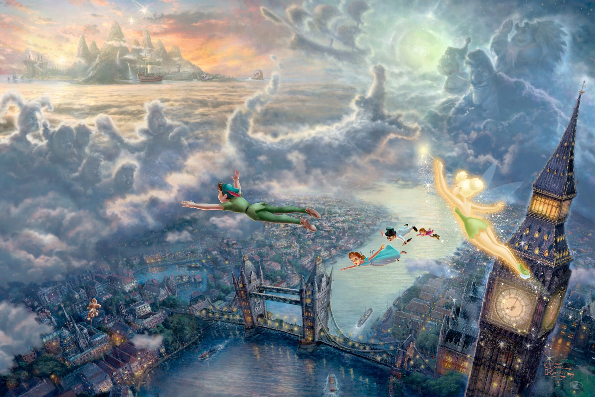 thomas kincaid tinkerbell et peter pan neverland voler dans collection de rêve disney 50e anniversaire wendy art londres big ben pont de londres coucher de soleil mer nuages contes de fées fantasy disney art pont horloge peter pan tinkerbell ding